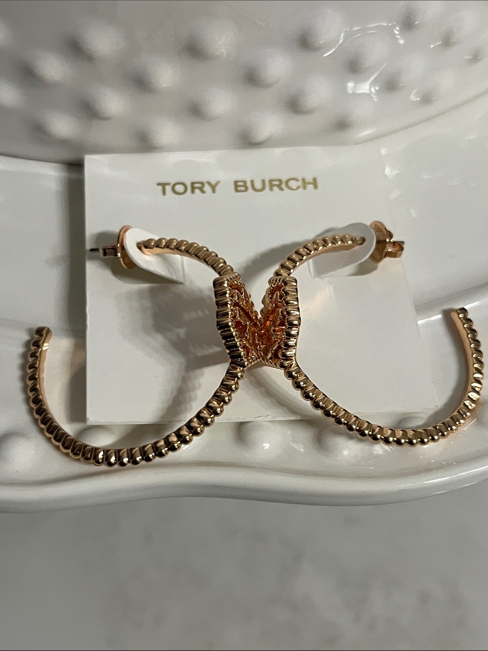 Tory Burch Rope-Textured Rose Gold Hoop Earrings with Logo Accent